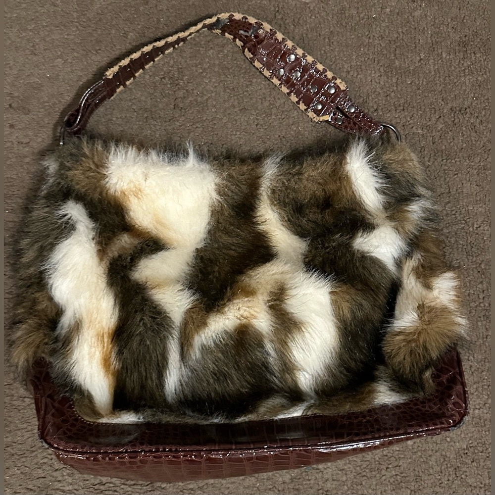 Vintage Adrienne Landau Faux Fur Purse Crocodile Embossed Faux Leather Accents